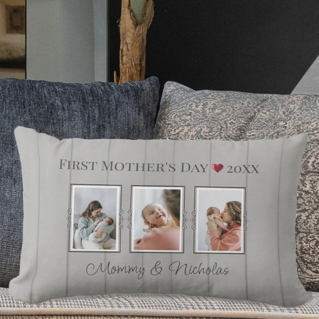 Three Photo Collage First Mothers Day Lumbar Pillow (Three Photo Collage First Mothers Day Lumbar Pillow)