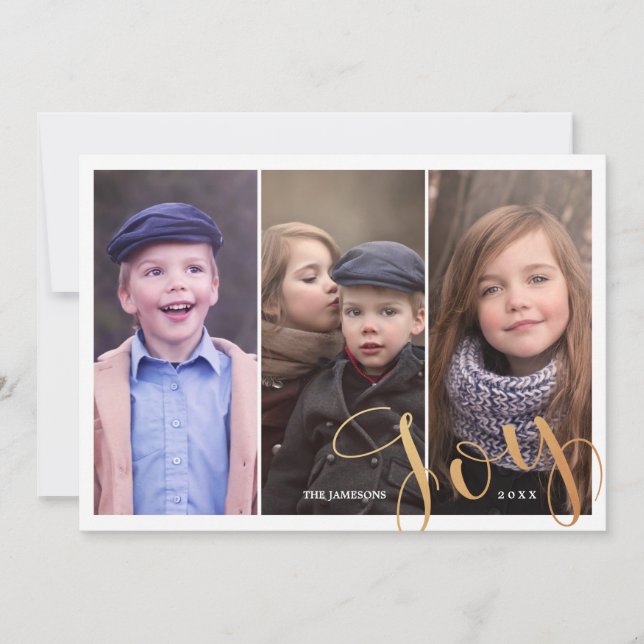 Three Photo Collage Gold Joy Christmas Photo Holiday Card (Front)