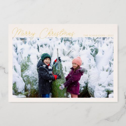 Three Photo Collage Gold Script Merry Christmas Foil Holiday Card