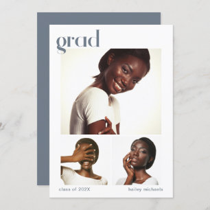 Three Photo Collage Graduation Party Blue Invitation