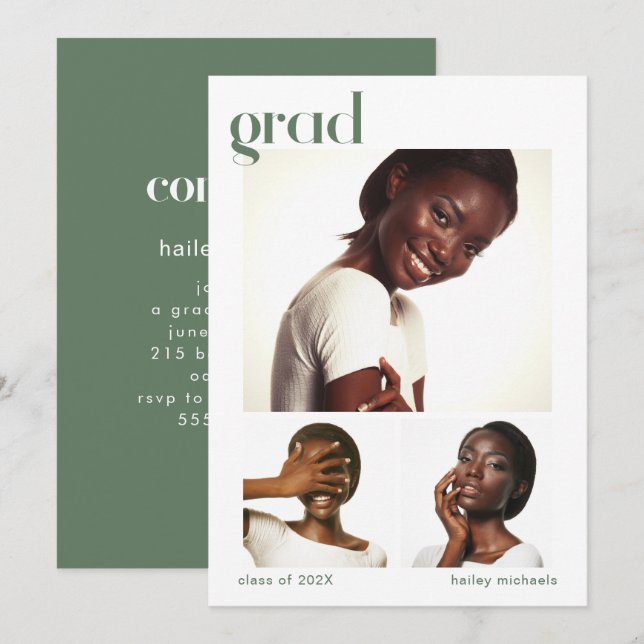 Three Photo Collage Graduation Party Green Invitation (Front/Back)