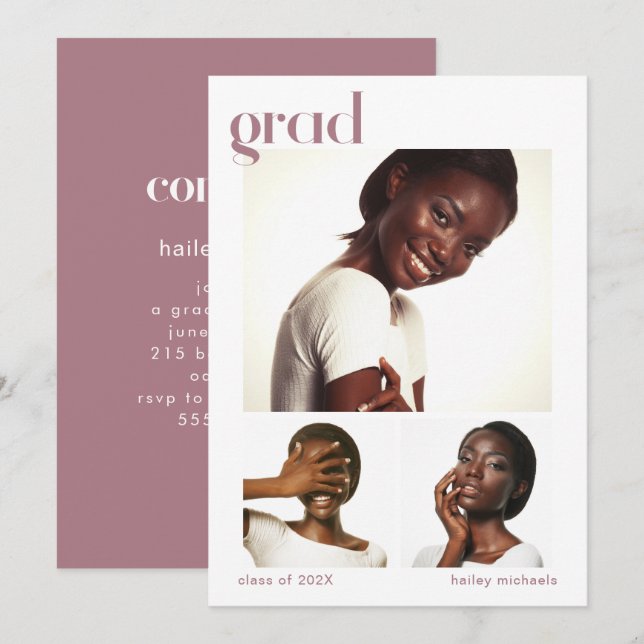 Three Photo Collage Graduation Party Pink Invitation (Front/Back)