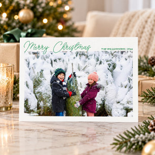 Three Photo Collage Green Script Merry Christmas Foil Holiday Card