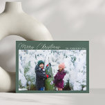 Three Photo Collage Green Script Merry Christmas Holiday Card<br><div class="desc">This simple and modern double-sided Merry Christmas holiday card in dark sage green features a template for three photos plus fully editable text so you can choose your favorite greeting.</div>