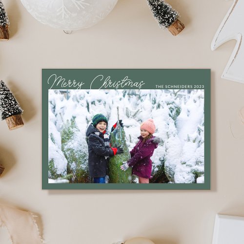 Three Photo Collage Green Script Merry Christmas Holiday Card