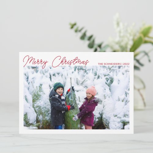 Three Photo Collage Red Script Merry Christmas Holiday Card