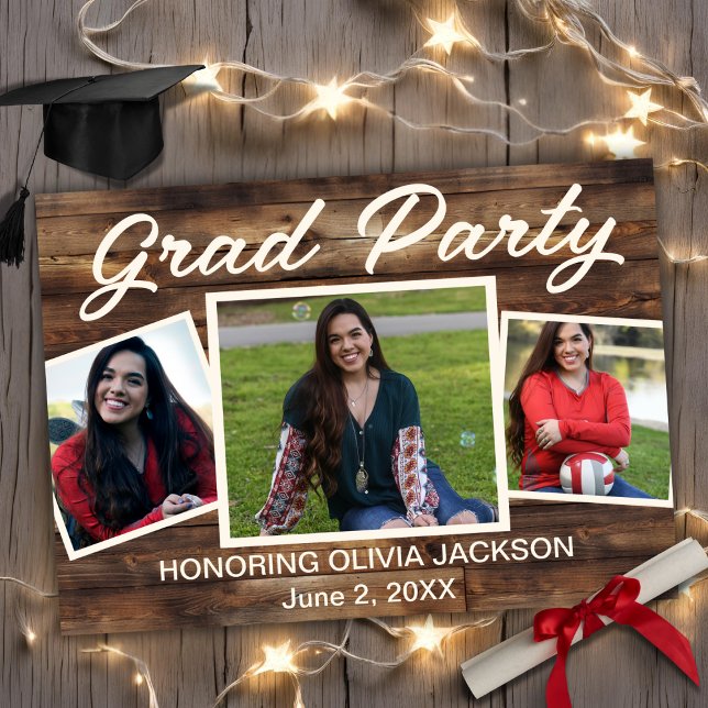 Three Photo Collage Rustic Grad Party Invitation (Three Photo Collage Rustic Grad Party Invitation)