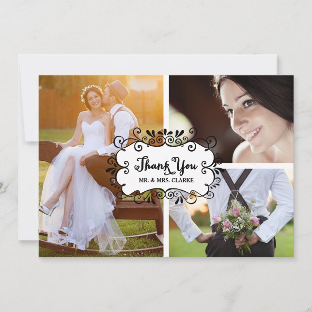 Three Photo Collage Rustic Wedding Thank You Card (Front)
