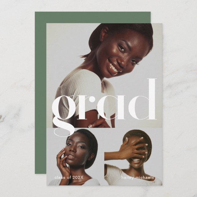 Three Photo Collage Sage Graduation Party Invitation (Front/Back)