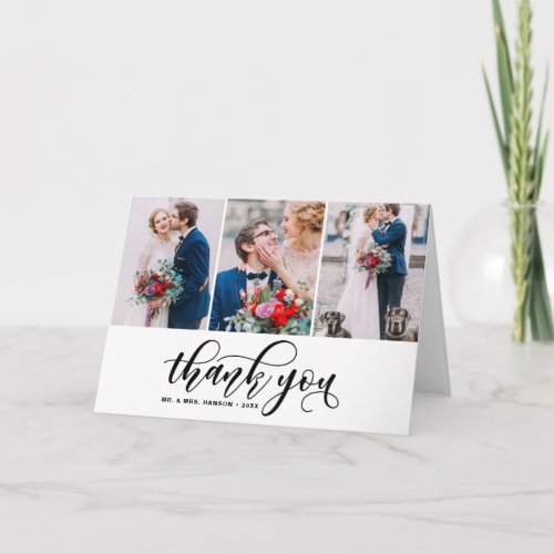 Three Photo Collage Thank You Script Wedding Card