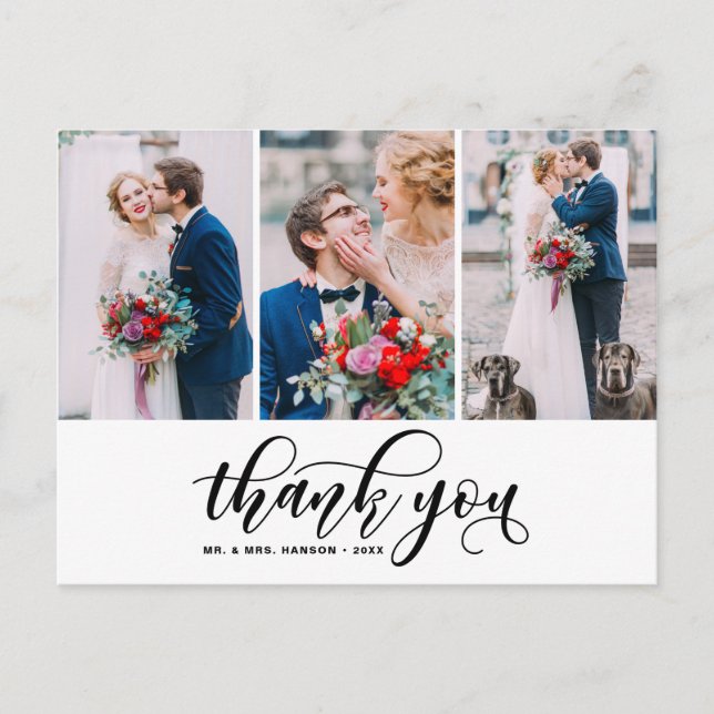 Three Photo Collage Thank You Script Wedding Postcard (Front)