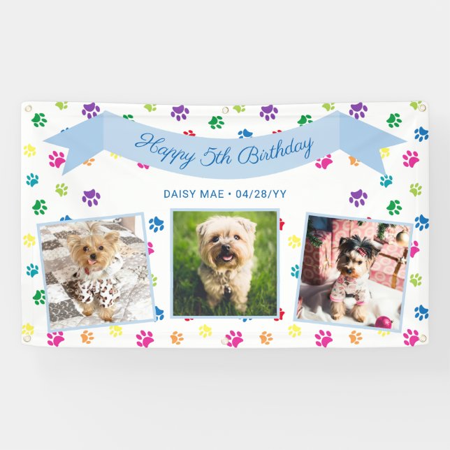 Three Photo Colorful Paw Prints Blue Pet Birthday Banner (Horizontal)