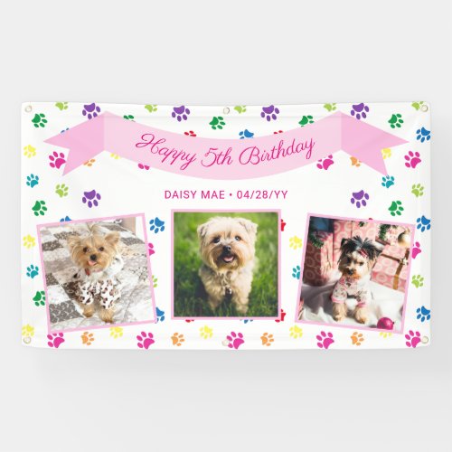Three Photo Colorful Paw Prints Pink Pet Birthday Banner