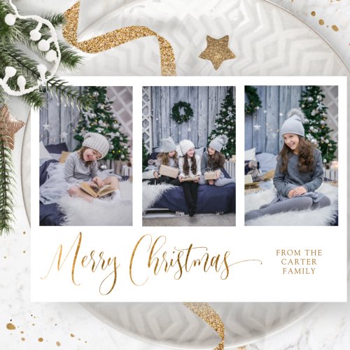 Three Photo Elegant Merry Christmas Script Real Foil Holiday Card