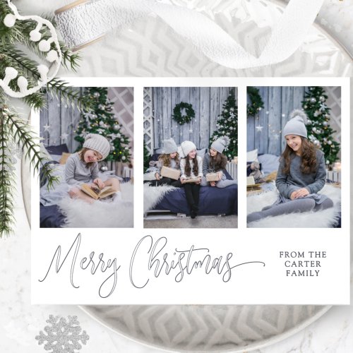 Three Photo Elegant Merry Christmas Script Silver Foil Holiday Card