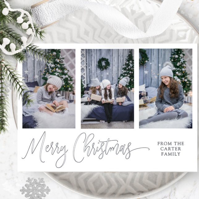 Three Photo, Elegant Merry Christmas Script Silver Foil Holiday Card (Creator Uploaded)