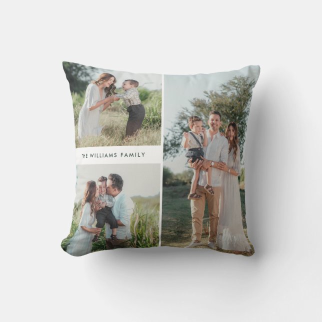 Three-Photo Family Collage Holiday Throw Pillow (Front)