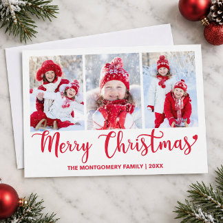 Three Photo Family Red Script Merry Christmas Holiday Card