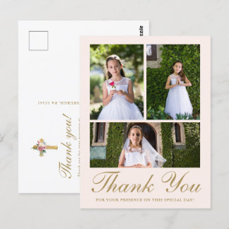 Three Photo Floral Cross First Communion Blush Postcard