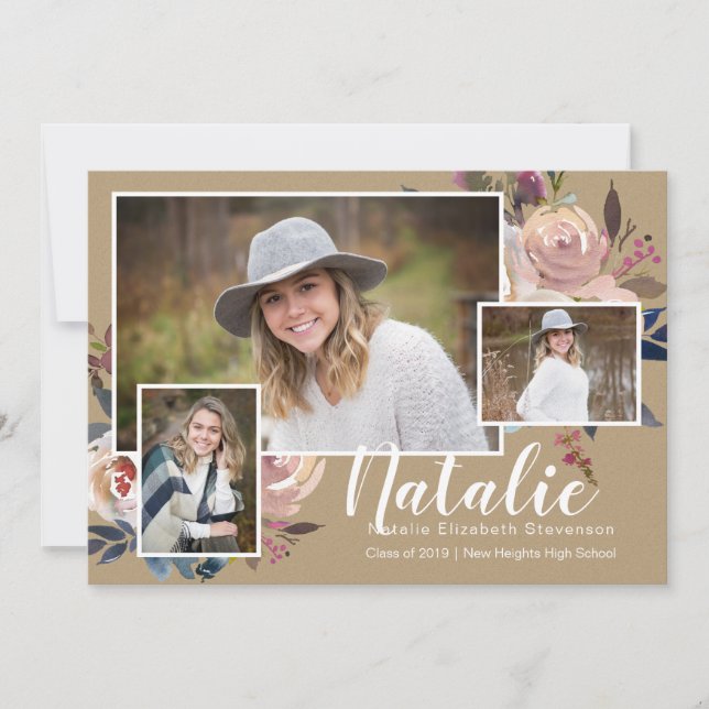 Three Photo Floral Personalized Graduation Party Invitation (Front)