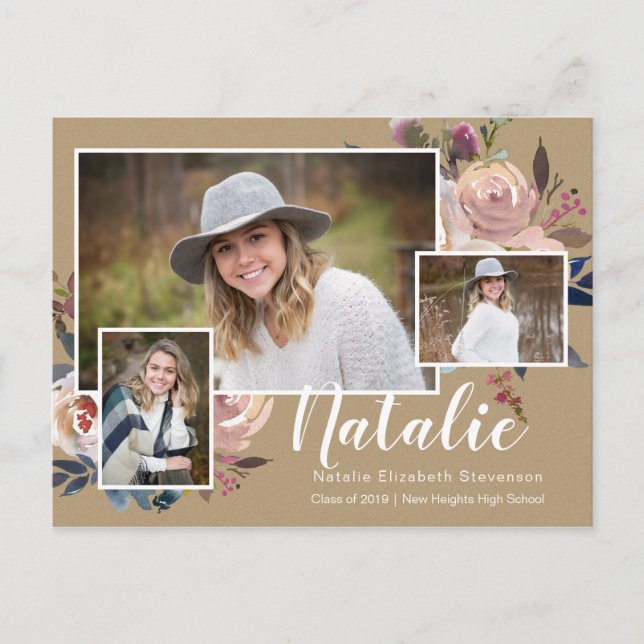 Three Photo Floral Personalized Graduation Party Invitation Postcard (Front)
