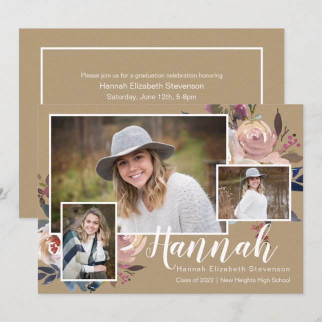 Three Photo Floral Rustic Graduation Party Invitation (Front/Back)