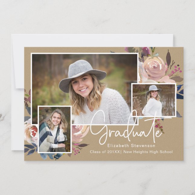 Three Photo Flower Personalized Graduation Party Invitation (Front)