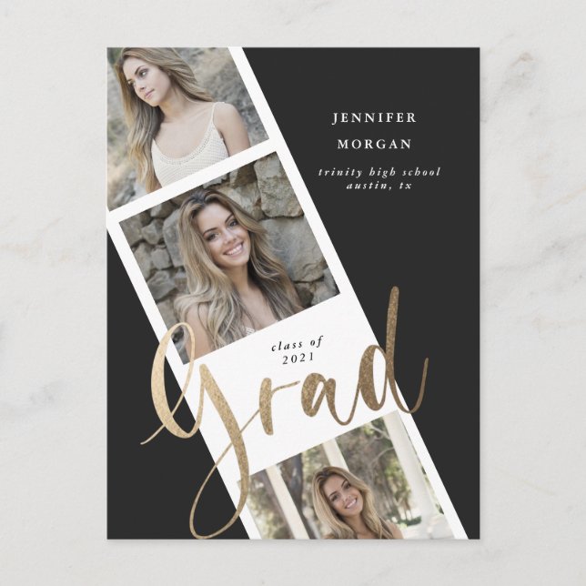 three photo gold graduation photo announcement postcard (Front)