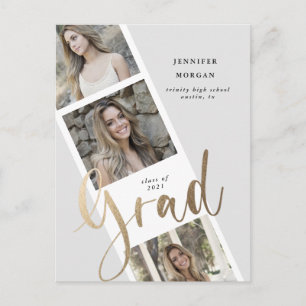 three photo gold graduation photo announcement postcard