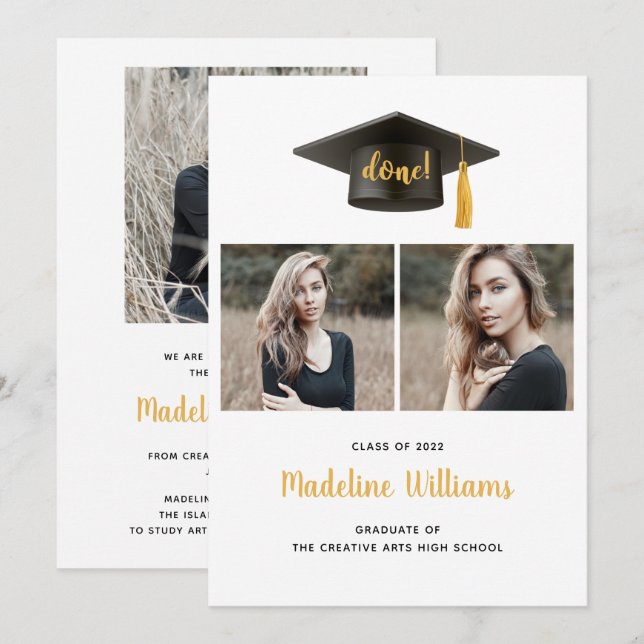 Three Photo Grad Cap Graduation Announcement Card (Front/Back)