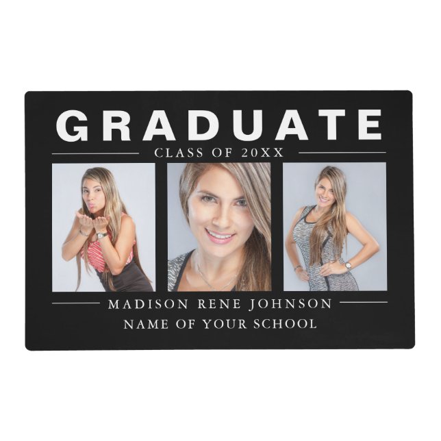 Three Photo Graduation Collage Black and White Placemat (Front)