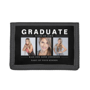 Three Photo Graduation Collage Black and White Tri-fold Wallet