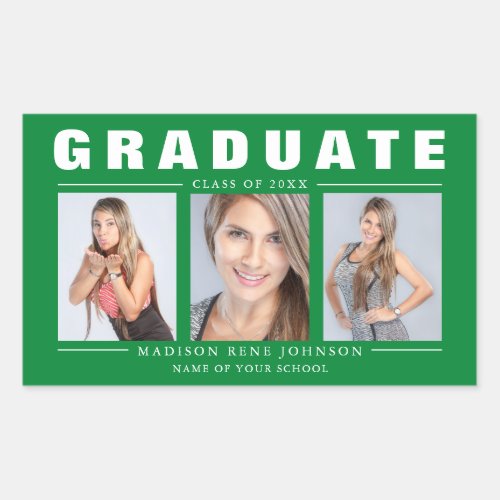 Three Photo Graduation Collage Green White Rectangular Sticker
