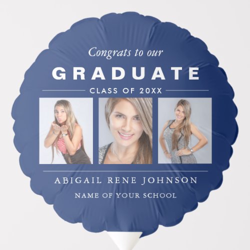 Three Photo Graduation Collage Navy Blue and White Balloon