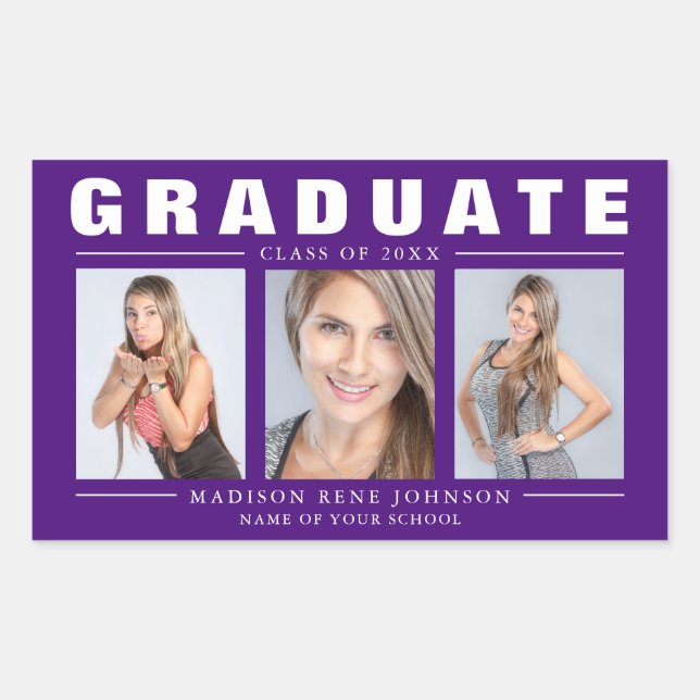 Three Photo Graduation Collage Purple Rectangular Sticker (Front)