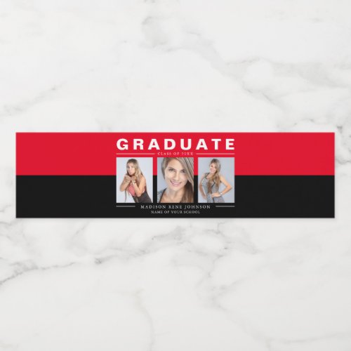 Three Photo Graduation Collage Red and Black Water Water Bottle Label