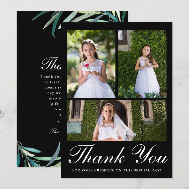 Three Photo Greenery First Communion Black Thank You Card (Front/Back)