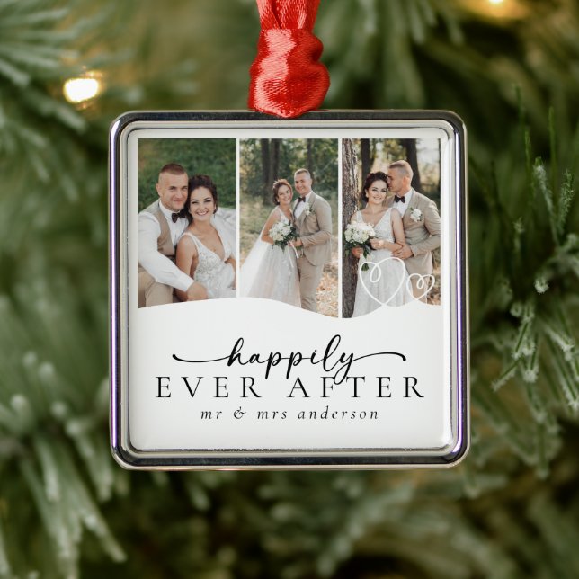 Three Photo Hearts Happily Ever After Metal Ornament (Tree)