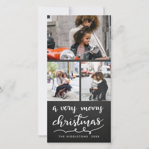 Three Photo Merry Christmas Script Chalkboard Holiday Card