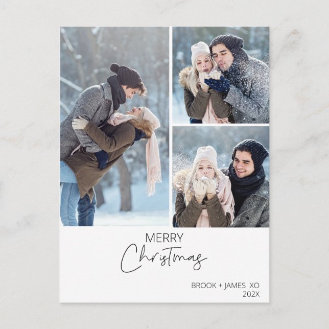 Three Photo Modern Minimalist Merry Christmas Postcard (Front)