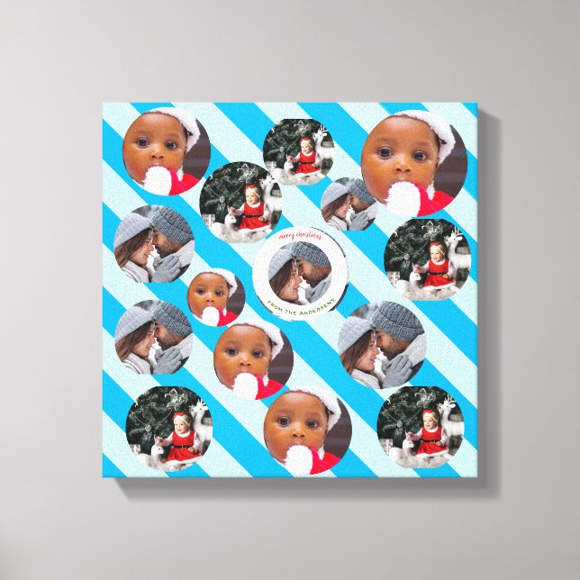 Three Photo Personalised Blue Stripe Fab Christmas Canvas Print (Front)