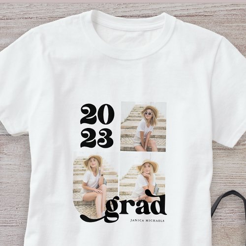 Three Photo Retro 2023 Graduate Black and White T_Shirt