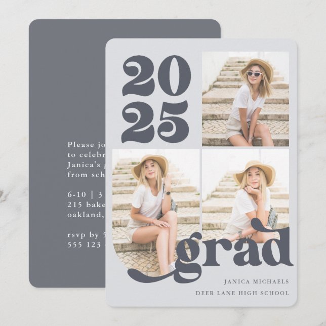 Three Photo Retro Type Blue Graduation Party Invitation (Front/Back)