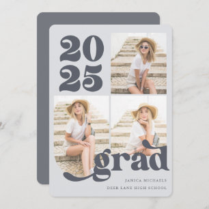 Three Photo Retro Type Blue Graduation Party Invitation