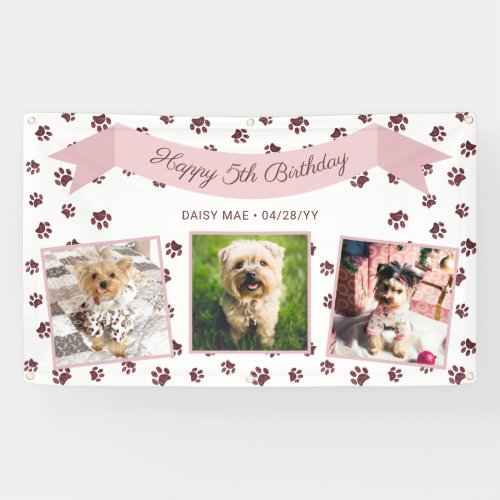 Three Photo Rose Gold Paw Prints Pet Birthday Banner