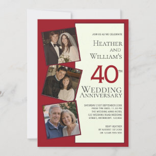 Three Photo Ruby 40th Wedding Anniversary Party Invitation