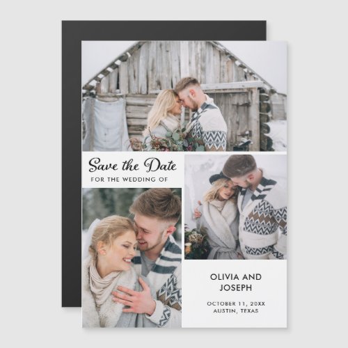 Three Photo Save the Date  Black and White Magnetic Invitation