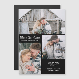 Three Photo Save the Date Black Magnetic Invitation