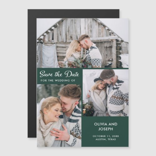 Three Photo Save the Date  Emerald Green Magnetic Invitation
