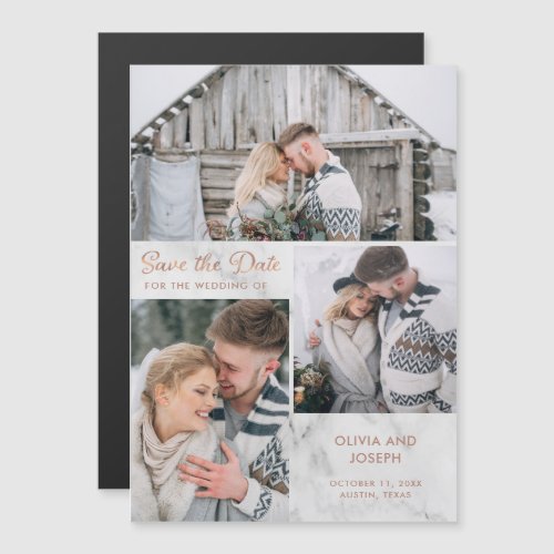 Three Photo Save the Date  Marble and Rose Gold Magnetic Invitation